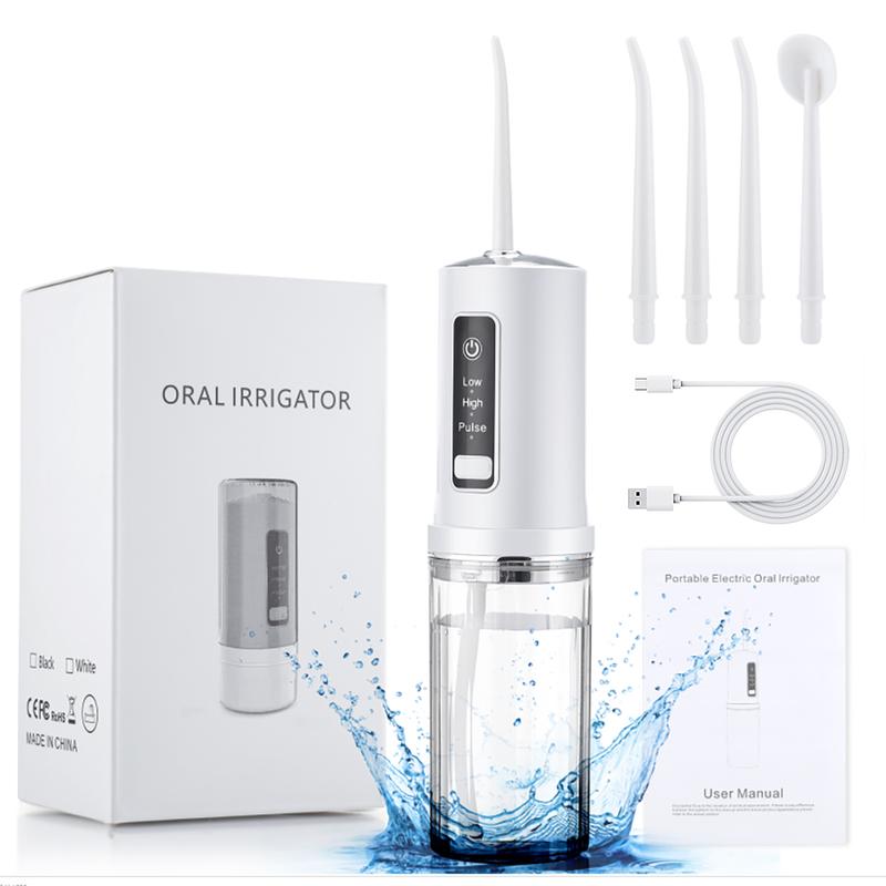 Foldable Oral Irrigator, Cordless Water Flosser with 4-nozzle 230ML Water Tank Travel Oral Irrigator, Ideal Teech Cleaning Device, Portable Oral Irrigator