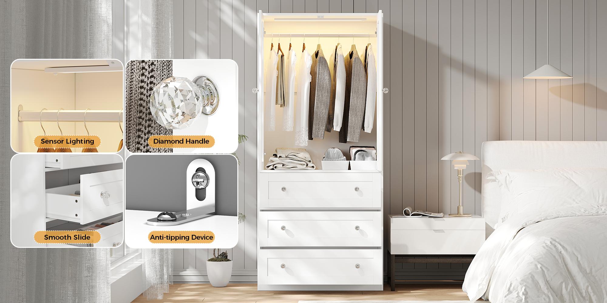 VOWNER Modern Glass Door Wardrobe with 3 Drawers – Sensor & Steady Lighting Modes, Adjustable Brightness, and Aluminum Alloy Hanging Rod