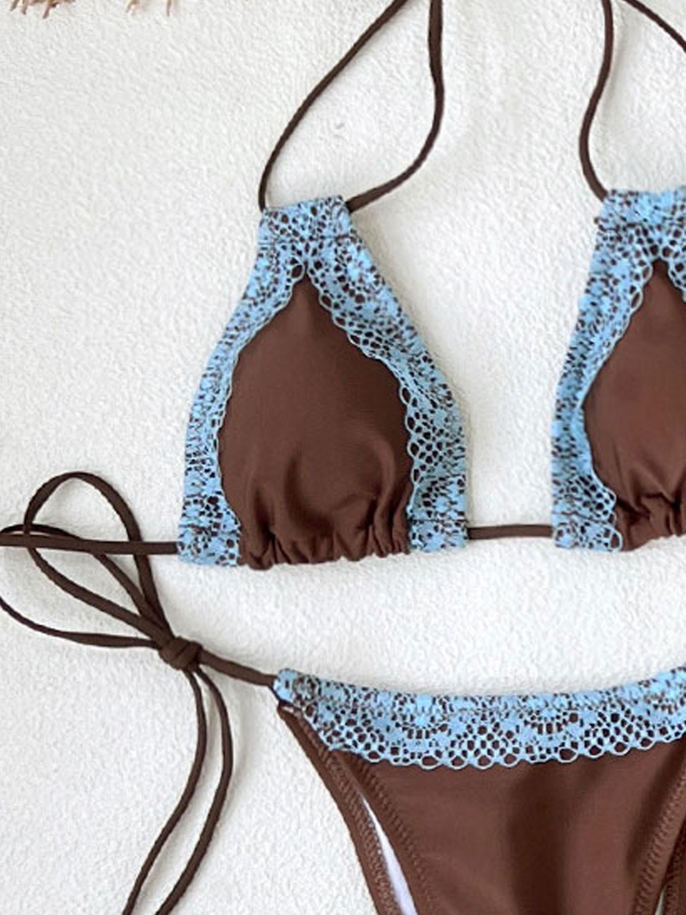 Women's Lace Patchwork Bikini Set, Sexy Long Dress Triangle Swimwear, Beach Party Three-Piece Swimsuit, Holiday Swimming