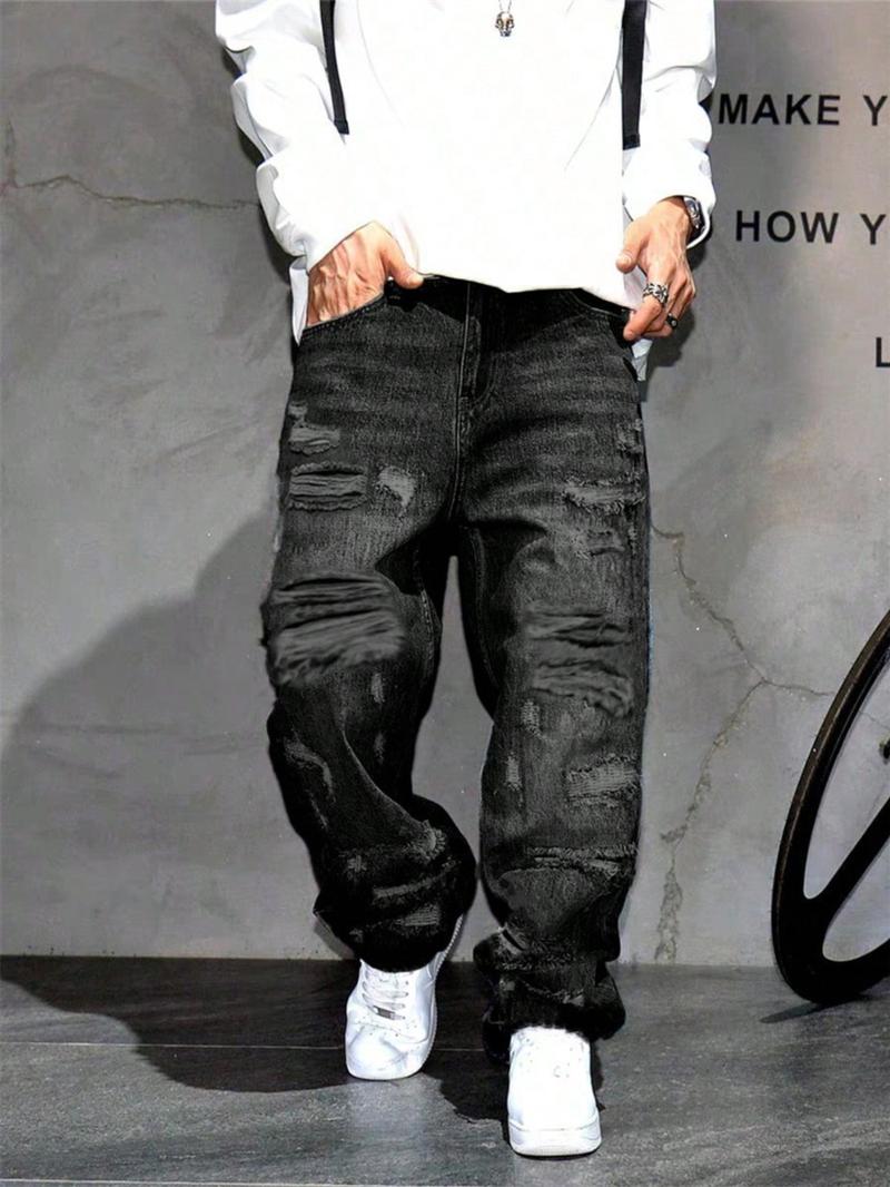 Men's Korean Style Casual Patched Ripped Wide Leg Jeans, Loose Fit Straight Tube Pants, Trendy Cool Design, All Seasons