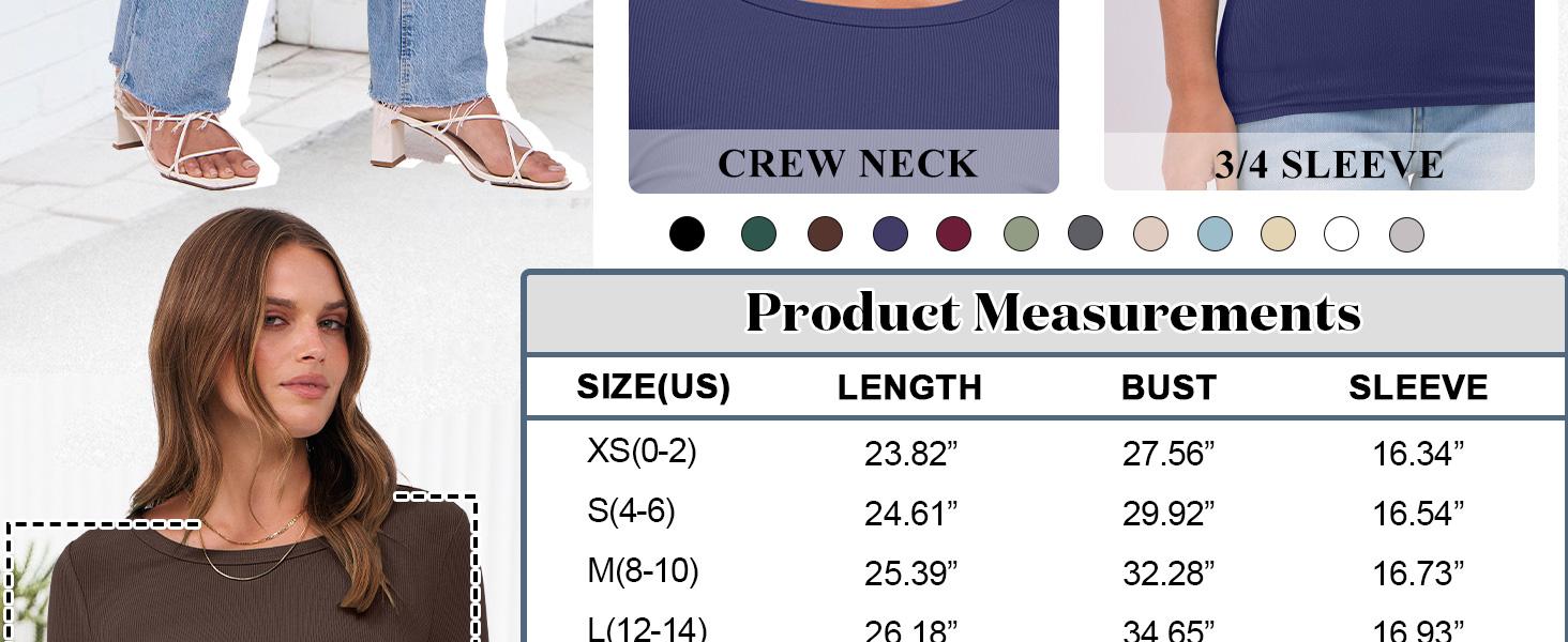 ANRABESS Women 3/4 Sleeve Crewneck Rib Knit Slim Fit Shirts Basic Tee Tops 2025 Summer Casual T-Shirt Workout Outfits Clothes SpringStatements