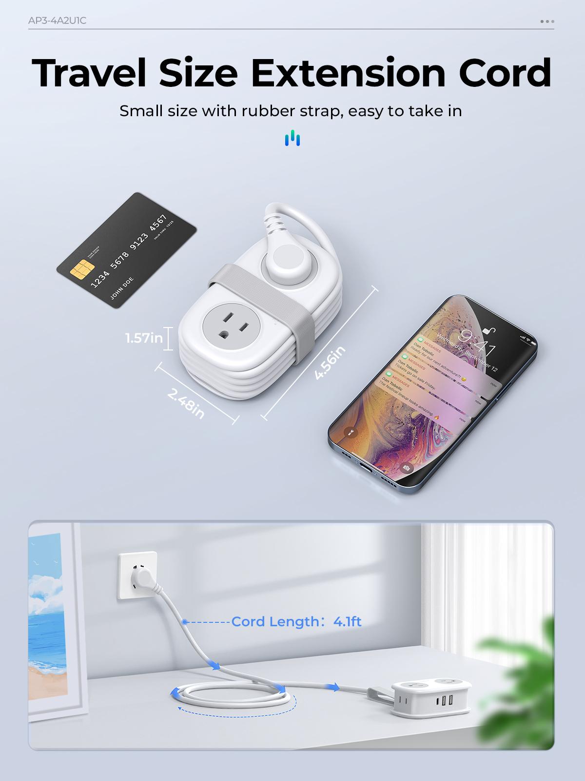 Travel Power Strip, ORICO 4 Outlets 3 USB Ports (1 USB C) with 4FT Wrapped Short Extension Cord Small Power Strip, Compact for Hotel Travel Essentials Cruise Approved