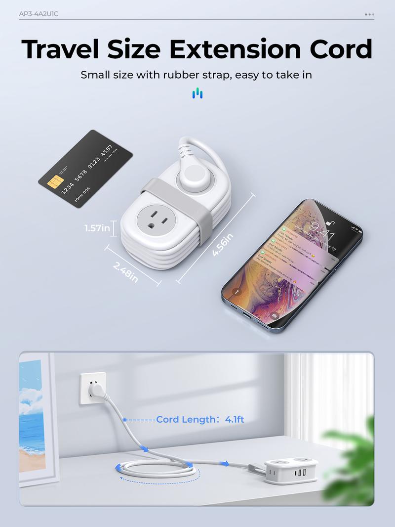 Travel Power Strip, ORICO 4 Outlets 3 USB Ports (1 USB C) with 4FT Wrapped Short Extension Cord Small Power Strip, Compact for Hotel Travel Essentials Cruise Approved