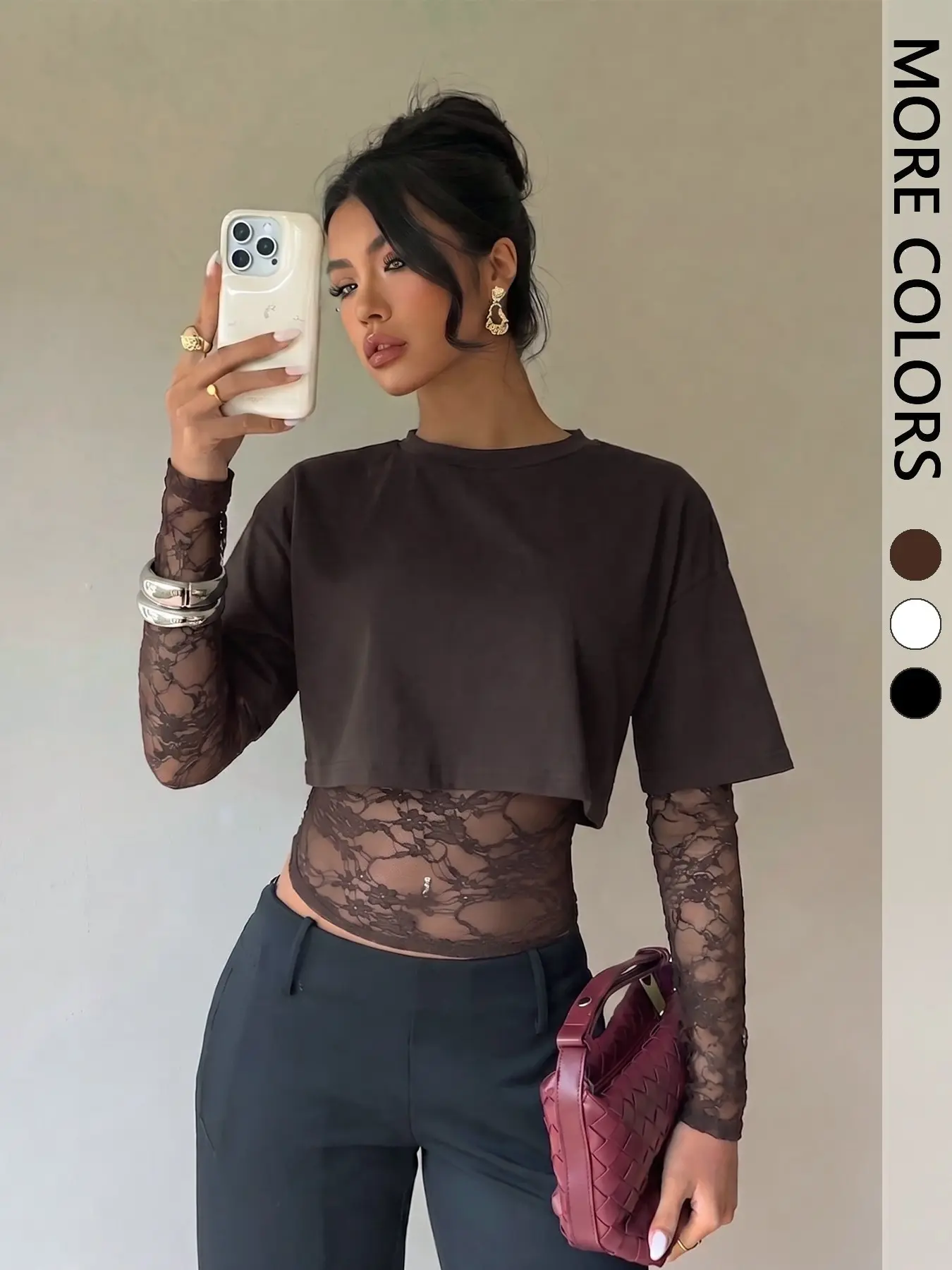 Women's Crew Neck Floral Sheer Lace Long Sleeve Crop T-Shirt, Casual Layering Top for Street Commute