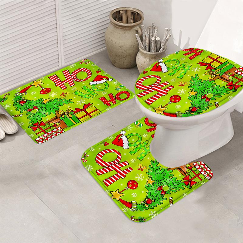 4pcs Green Christmas tTree Shower Curtain Set, Bathroom Partition Curtain, Modern Home Curtain Decoration Housewarming Gift, Bathroom Decoration Accessories, Shower Curtain and Toilet Mat Three-Piece Set with 12 Shower Curtain Hooks