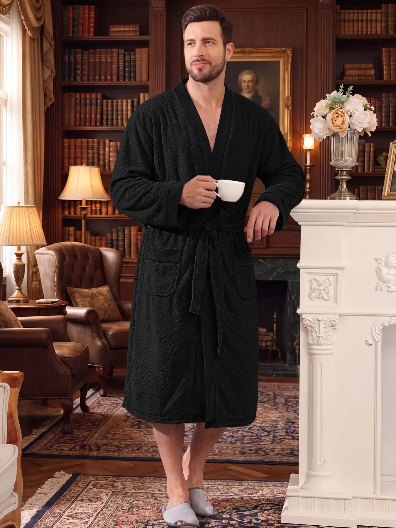 Luxury casual men's textured lace-up home bathrobe with pockets, soft fleece fabric and loose fit for SPA sleeping, long and wide wrap style, Thanksgiving and Christmas men's holiday gift, home casual wear