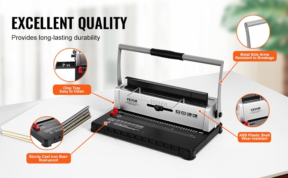 VEVOR Coil Spiral Binding Machine, Manual Book Maker 34-Holes Binding 120 Sheets, Punch Binder with Adjustable 3/16 - 9/16 Coil Binding Spines and Side Margin, for Letter Size, A4, A5