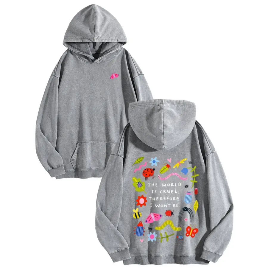 WAYII Women's Oversized Vintage Washed Pullover Hoodie - Unisex Casual Polyester Top Piece, "The World Is Cruel Therefore I Won't Be" Statement, Dual-Sided Cute Insect Flower Print, Loose-Fit Hooded Sweatshirt