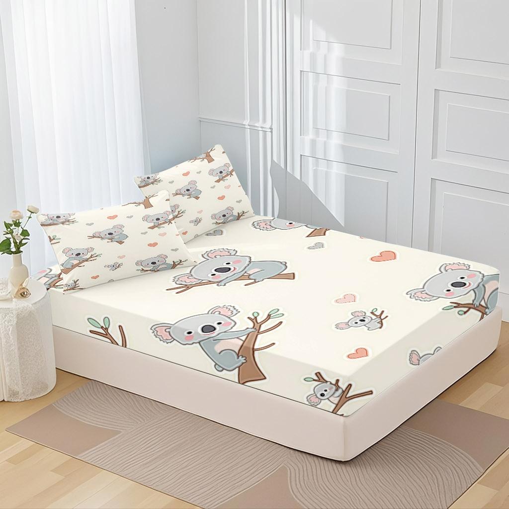 3-Piece Set Of Koala On The Tree And Heart-Shaped Bed Hat, High-Definition Digital Printing, Soft And Breathable, 100% Polyester Fiber, Perfect Gift For All Seasons, Suitable For Family And Friends. Clearance Sale