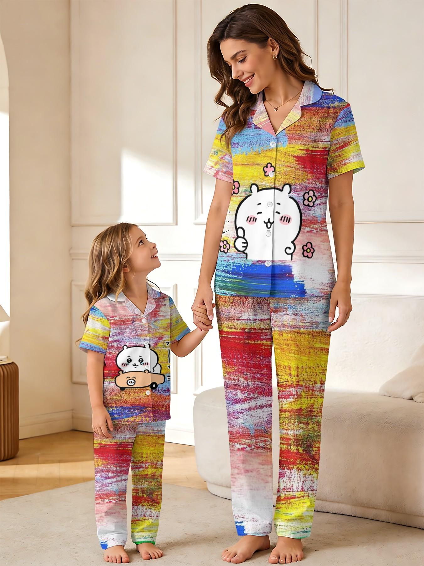 3D Chiikawa Parent-Children Pajamas, Vibrant Graffiti Style 3D Print, Comfort Home Wear for Mom and Daughter, Casual Slim Fit Sleepwear