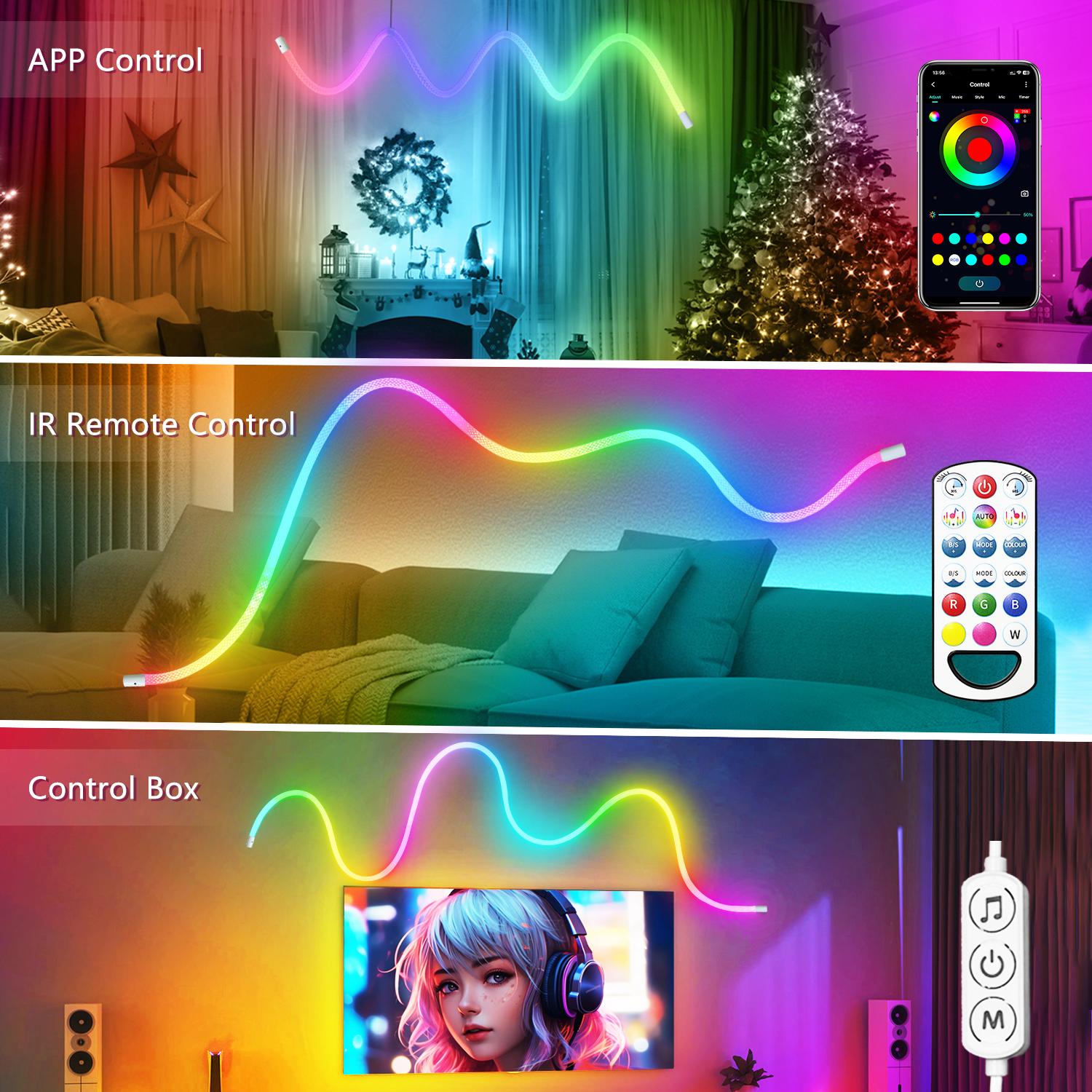 9.84ft Neon LED Rope Lights, 360° Luminous Waterproof Strip with Music Sync, Remote & APP Control, for Indoor/Outdoor Gaming Room, Bedroom led light