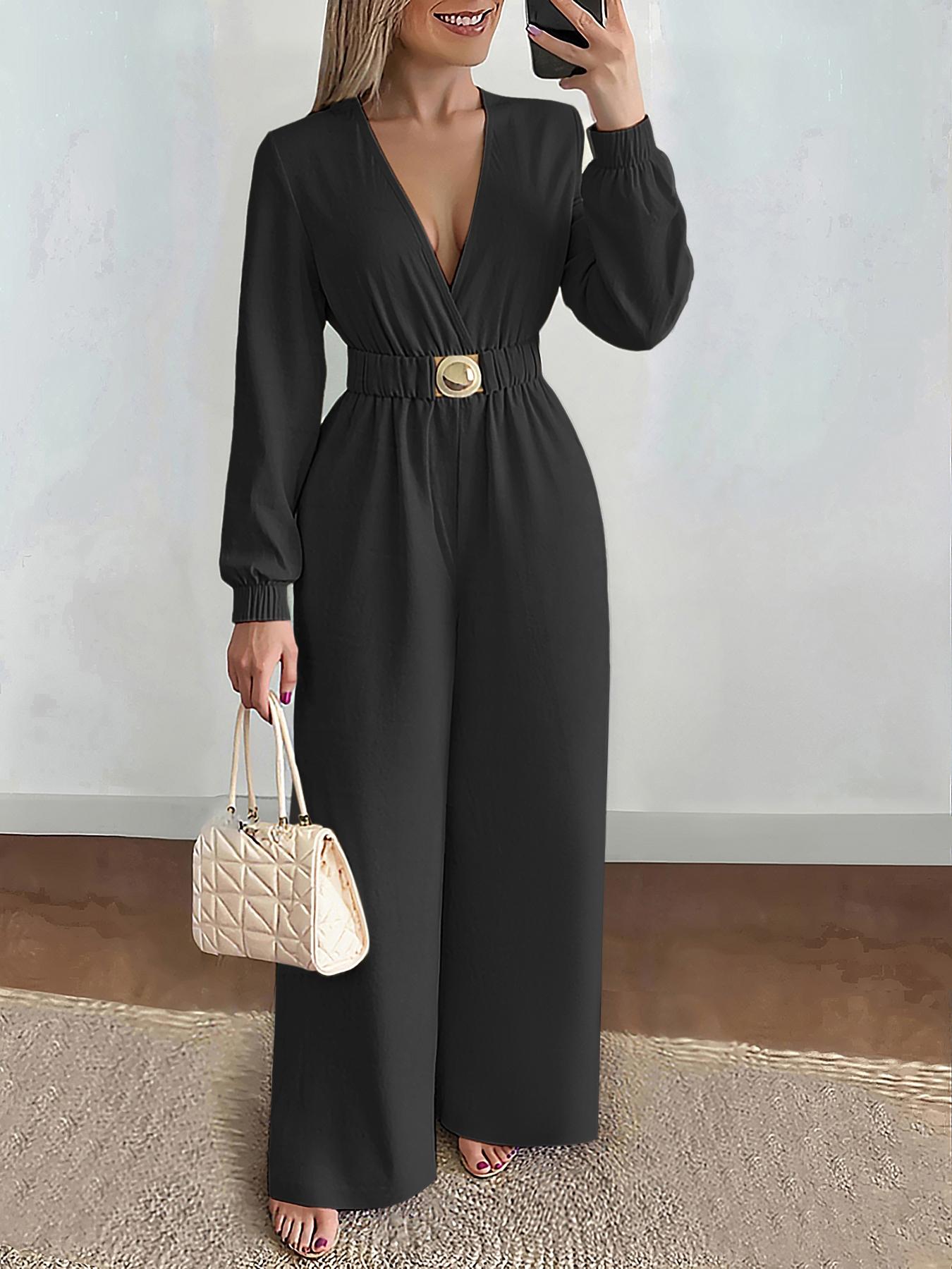 Women's Long Sleeve V Neck Sexy Feminine Solid Color Woven Elastic Waist Wide Leg Jumpsuit, Casual Loose Fit Summer, Comfortable & Stylish