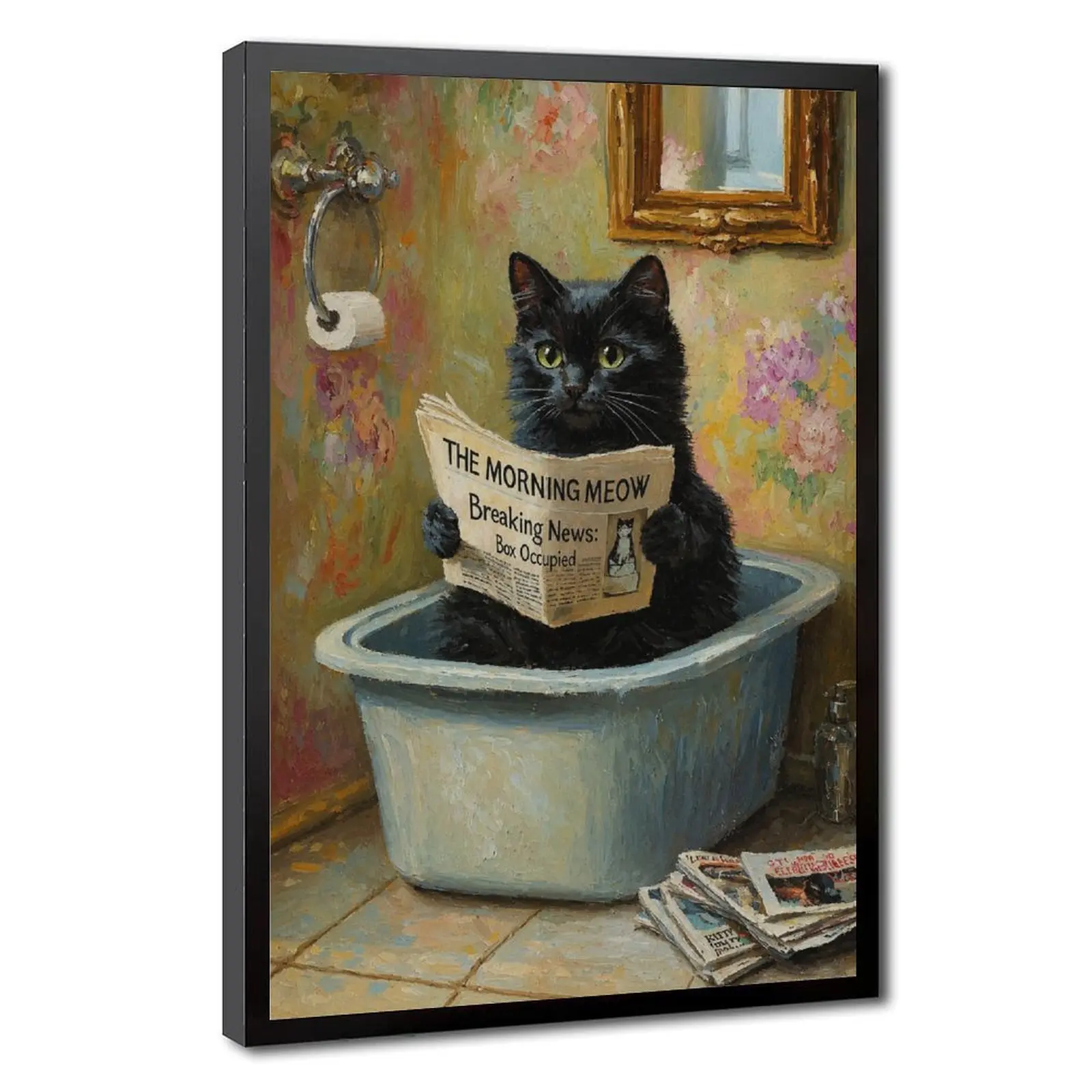 Funny Bathroom Cat Canvas Print, Tabby Cat Reading Newspaper on Toilet Cat Brushing Teeth Oil Painting Wall Art, Suitable for Bathroom, Bedroom, Wall Hanging Decoration
