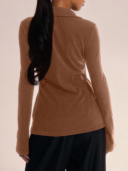 Women's Casual Long Sleeve Shirt Collar Button Design, Fitted Plain Top for All Seasons, Moderate Fabric Women's Clothing, Womenswear