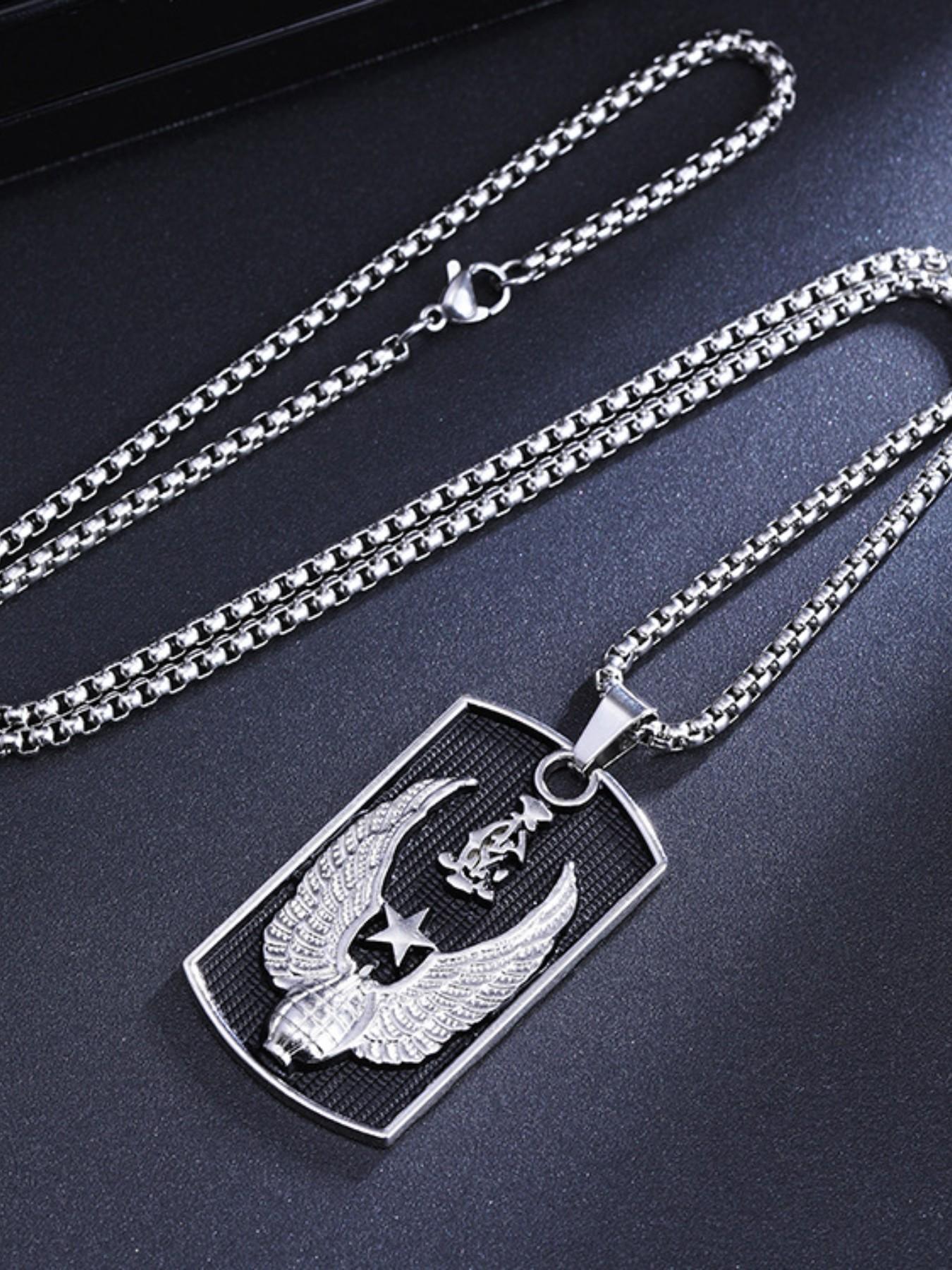 Unisex Hip-Hop Bold Brand Pendant Necklace, Stainless Steel Sweater Chain Jewelry, Trendy Military Badge Design, Fashion Accessory for Men and Women