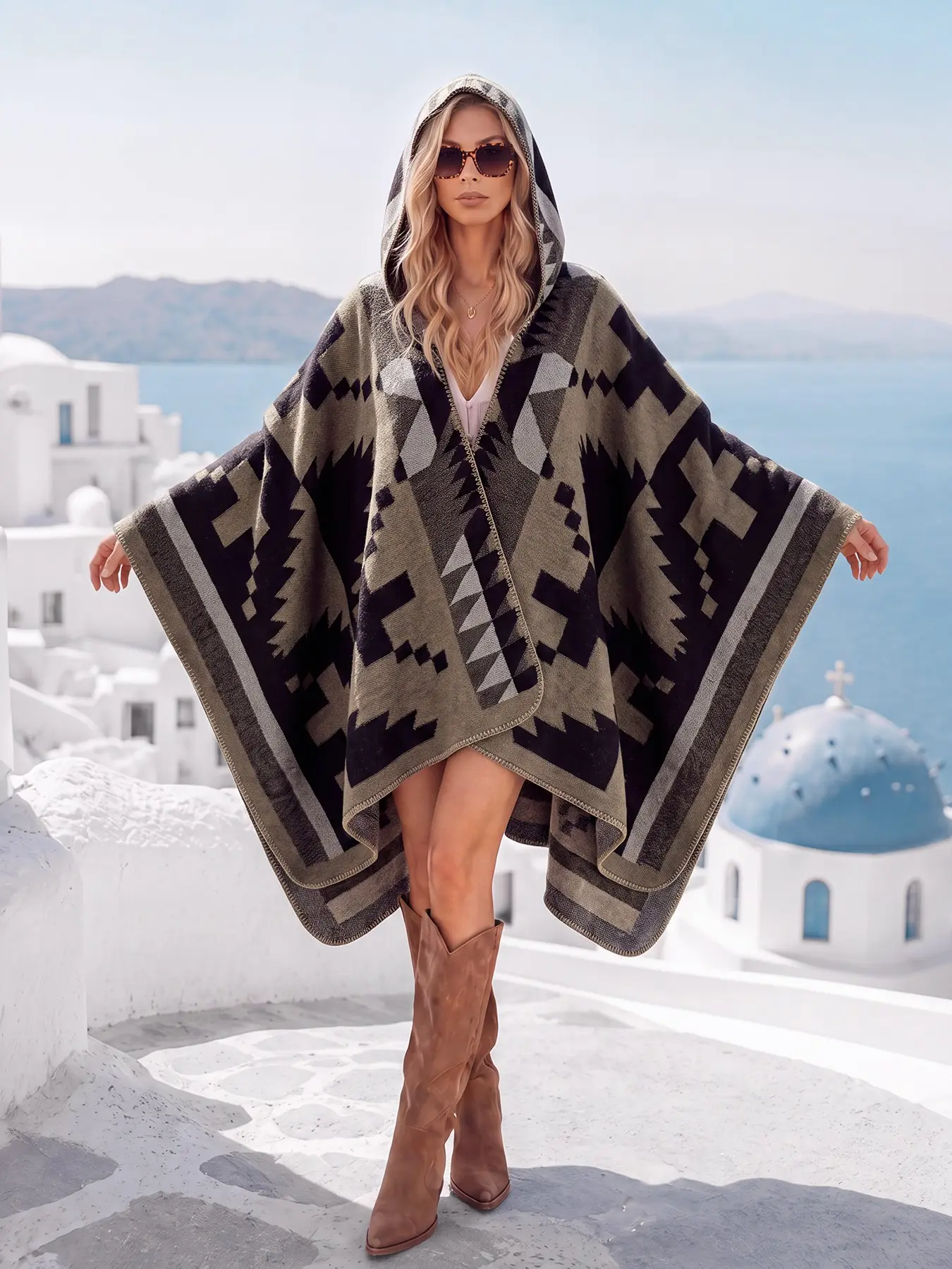 Boho Thick Hooded Shawl, Vintage Casual Warm Cape Coat, Loose Soft Windproof Blanket, Women's Fall Winter Home Outdoor Air Conditioning Room Versatile Cold Protection Wrap