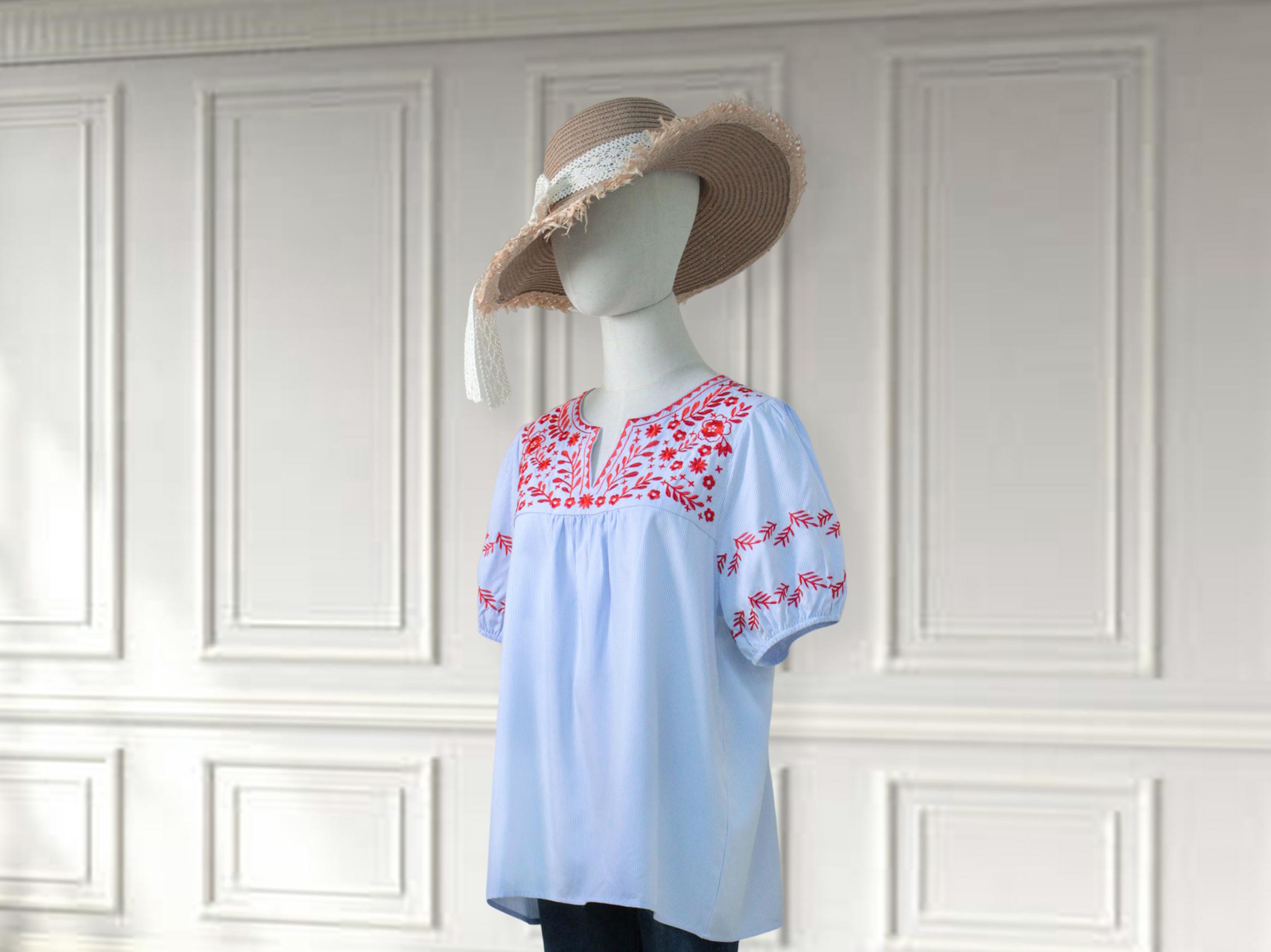 SageVell Boho Striped Blouse with Delicate Red Floral Embroidery, Puff Sleeves & Chic V - Neck, Feminine Cute Blouse Women's Top Shirts Medium