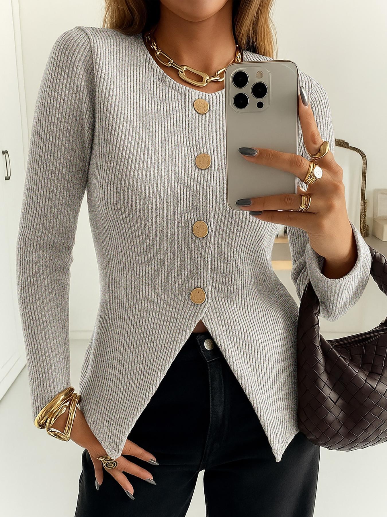 Women's Casual Elegant Ribbed Knit Button Long Sleeve Top, Fitted Plain Design, All Season Wear, Moderate Fabric Thickness, Knitwear