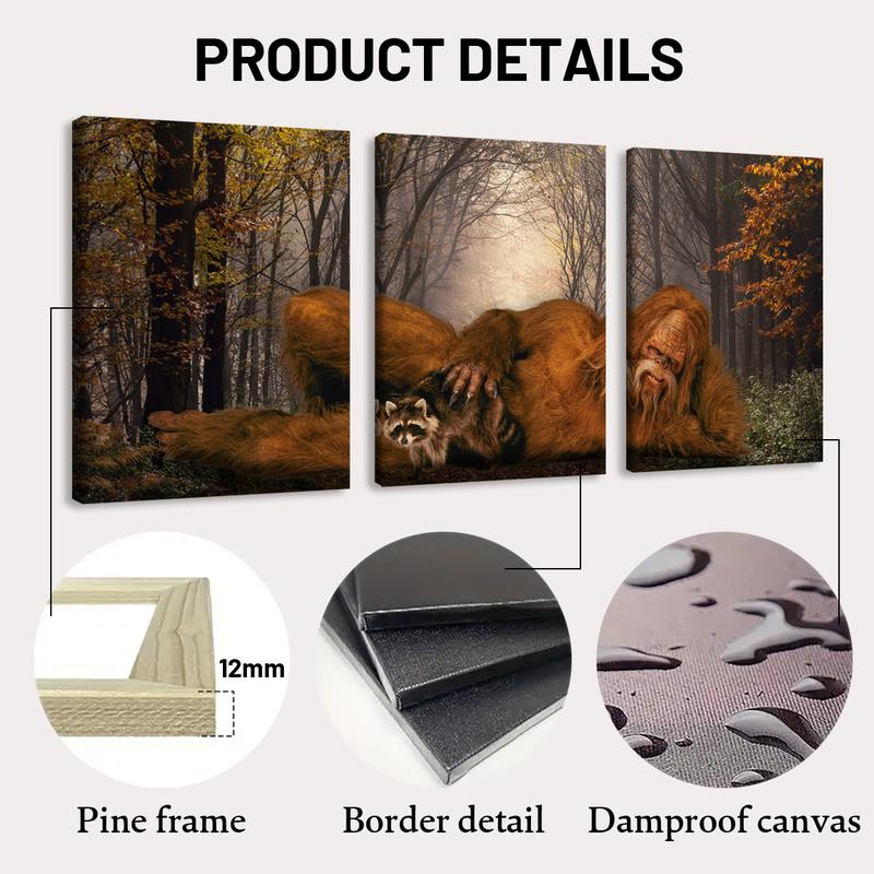 Wooden Framed Canvas Painting, 3 Counts/set Sasquatch & Animal & Tree Pattern Wall Art, Modern Wall Decor for Home Living Room Bedroom Office, Modern Home Decoration