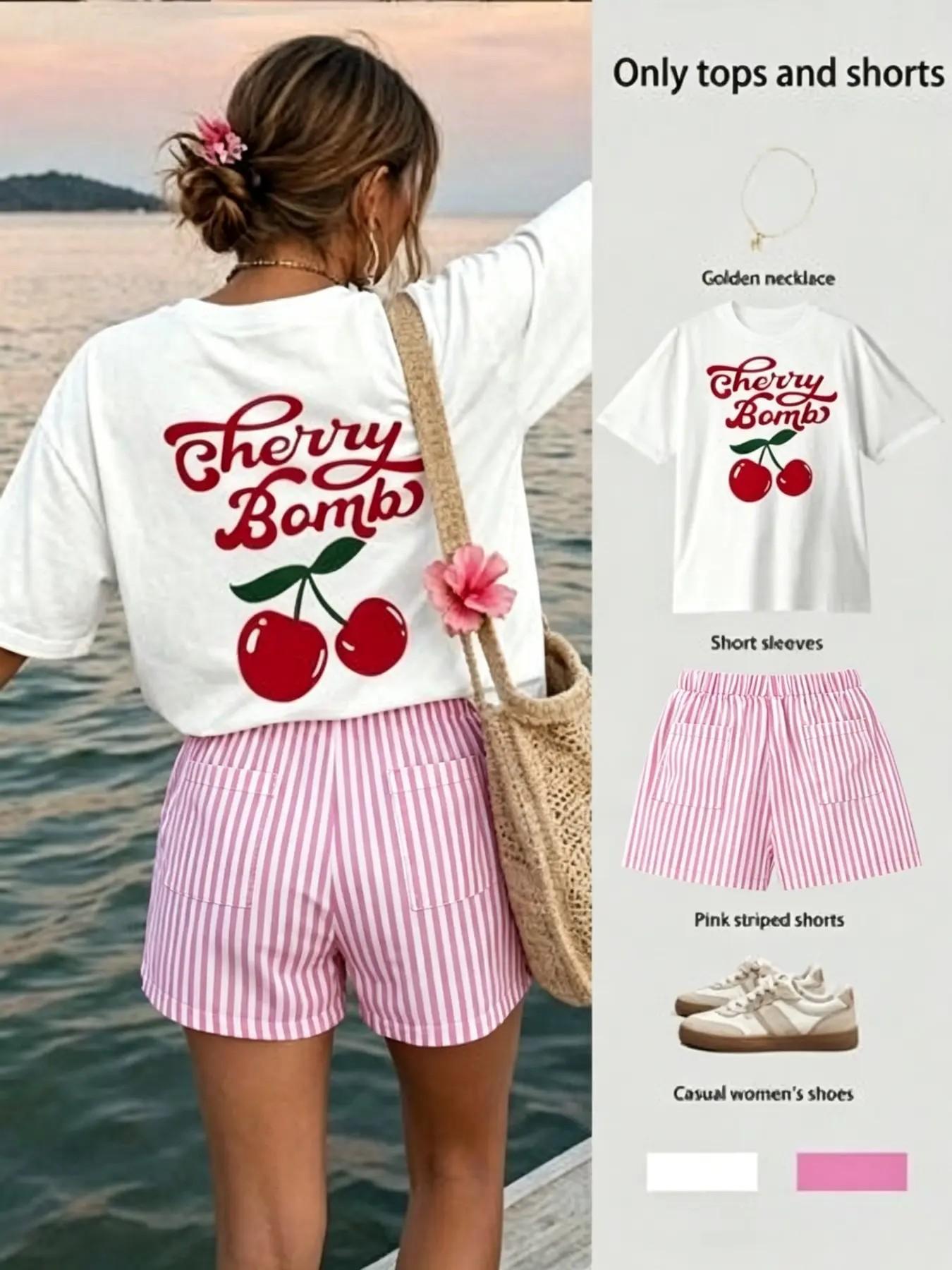 Women's Cherry Print Short Sleeve Set, Summer Beach Casual, Cherry Bomb Letter Print T-Shirt + Striped Shorts