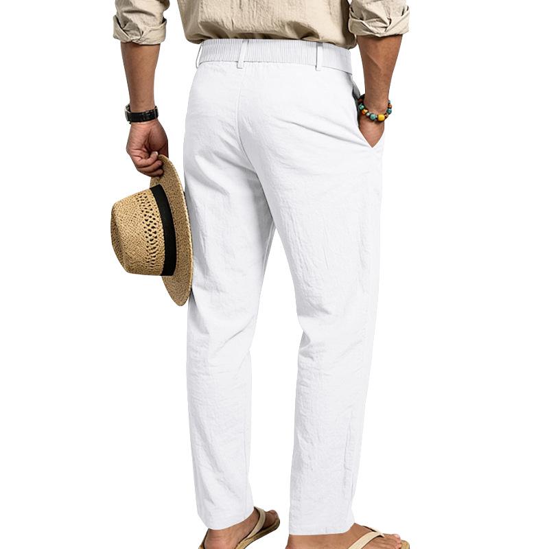 Men's 2026 Spring Summer Plain Linen-Cotton Fabric Wide Leg Trouser, Irregular Cross Buckle Waist, Loose Fit for Big-Tall Menswear, Ideal for Beach Vacation & Daily Commute (Polyester-Blended Option Available)
