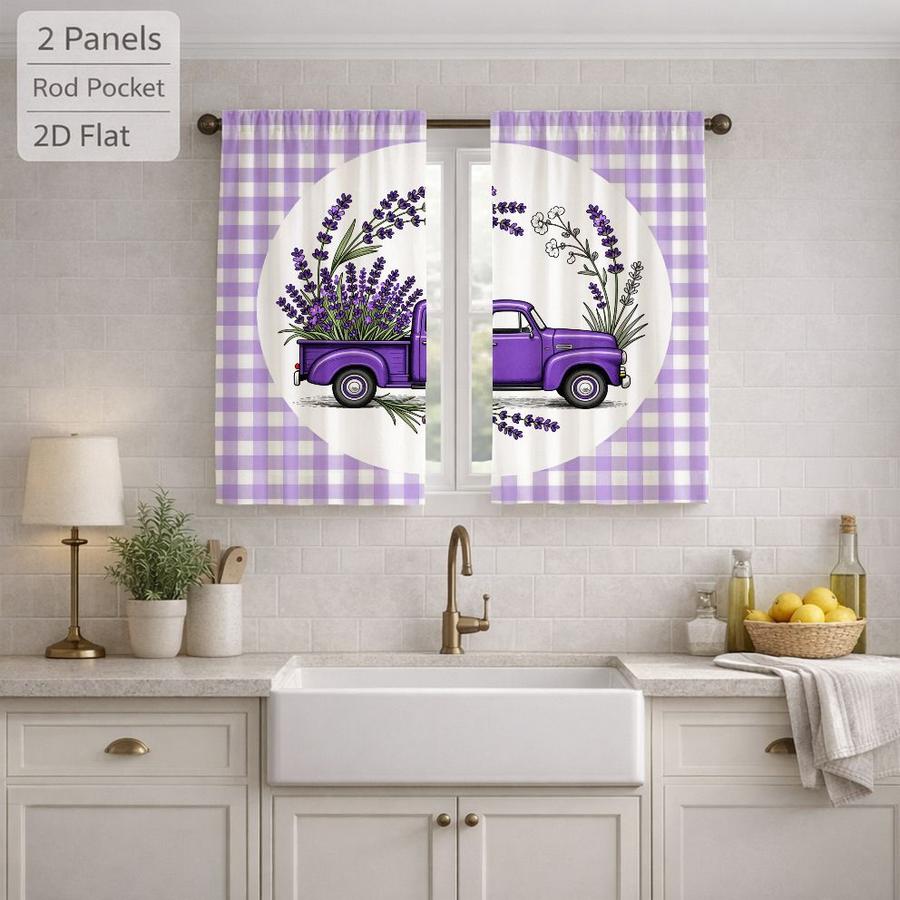 2Pcs Farmhouse Plaid Lavender Truck Floral Sun Blocking Curtains Digital Printed Rod Pocket, Window Treatment For Bedroom Office Kitchen Living Room Study Home Decor