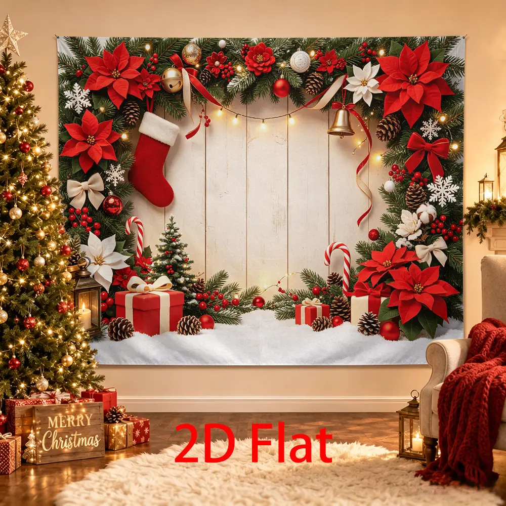 Red White Christmas Backdrop, Poinsettia Pine Garland Stocking Gifts Wood Look Photo Background