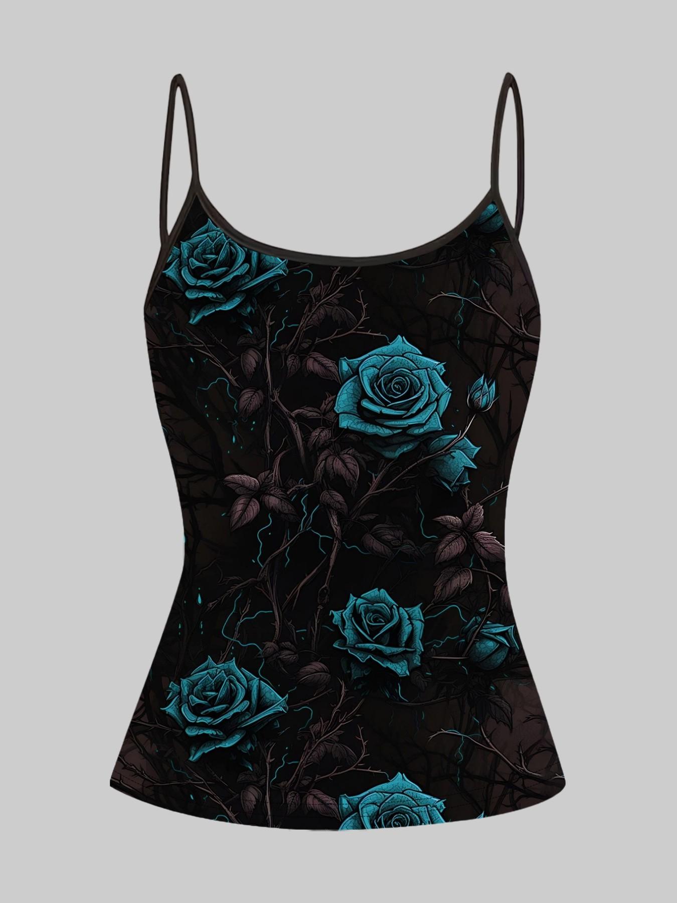 Gothic Skull Rose Print Strappy Top, Summer Home Sleepwear, Casual Slim-Fitting Outerwear, Unique Bodycon Shirt Set of Four