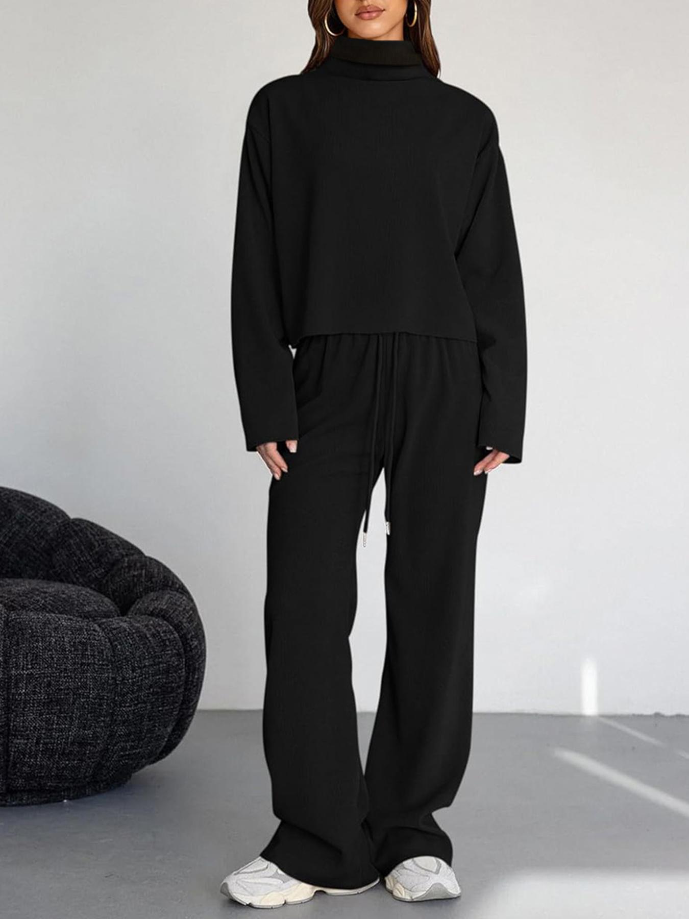 Women's 2 Piece Set Outfits Lounge Sets Ruched Short Sleeve Tops High Waisted Wide Leg Pants Tracksuit Sets, Elegant and casual high-round-neck long-sleeved basic two-piece set Casual Loungewear Set