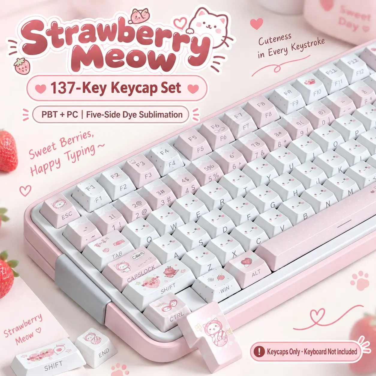 Rven Strawberry Cat Keycap Set, 137 Keys, Sweet Theme, Pbt+PC Material, Five-Sided Heat Transfer, Side Light Translucent, Cherry Height
