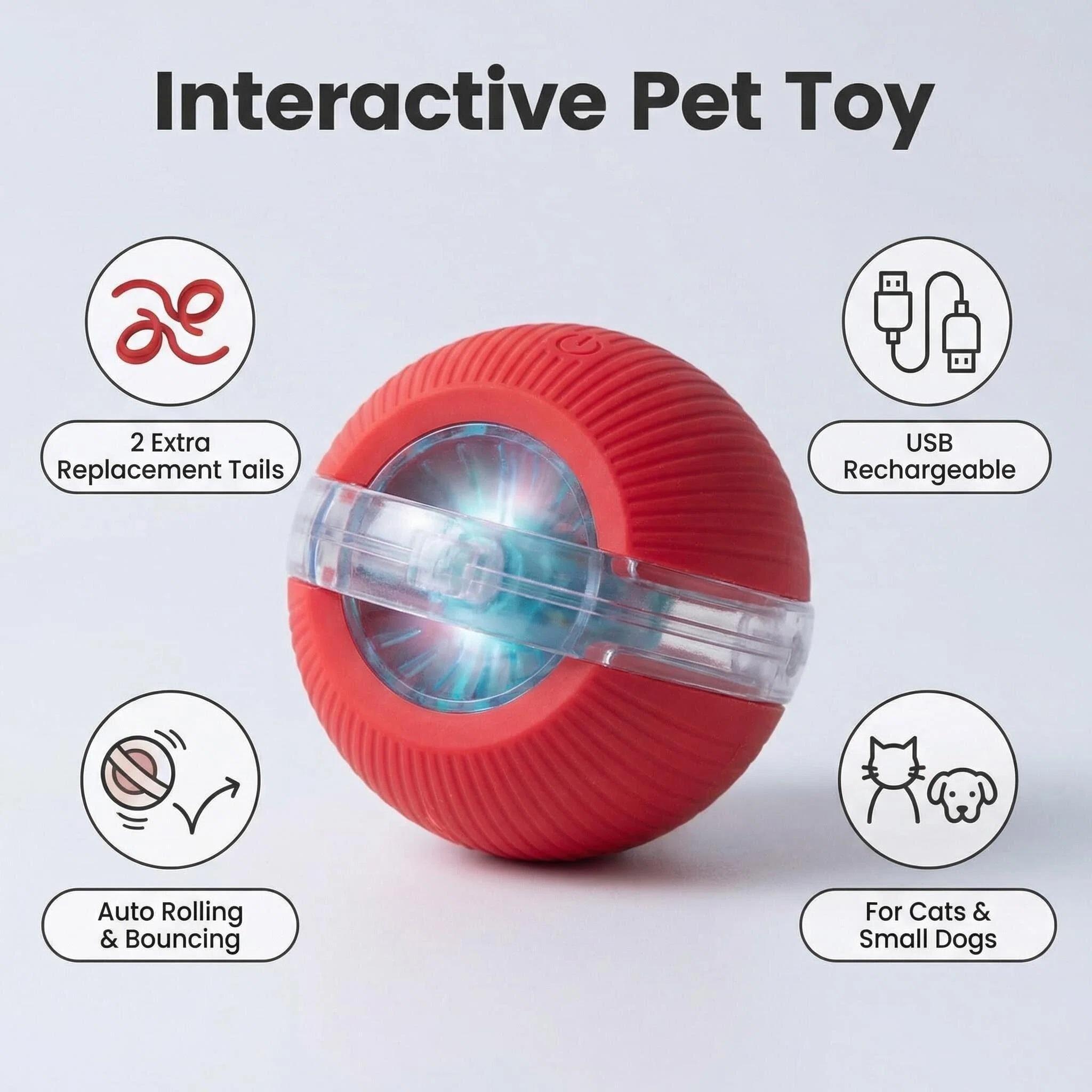 Automatic Self-Playing Pet Toy - Durable TPR Smart Ball with LED Light & Long Tail, Motion Activated Interactive Dog Cat Toy for Anxiety Relief, Silent Design for Home Use