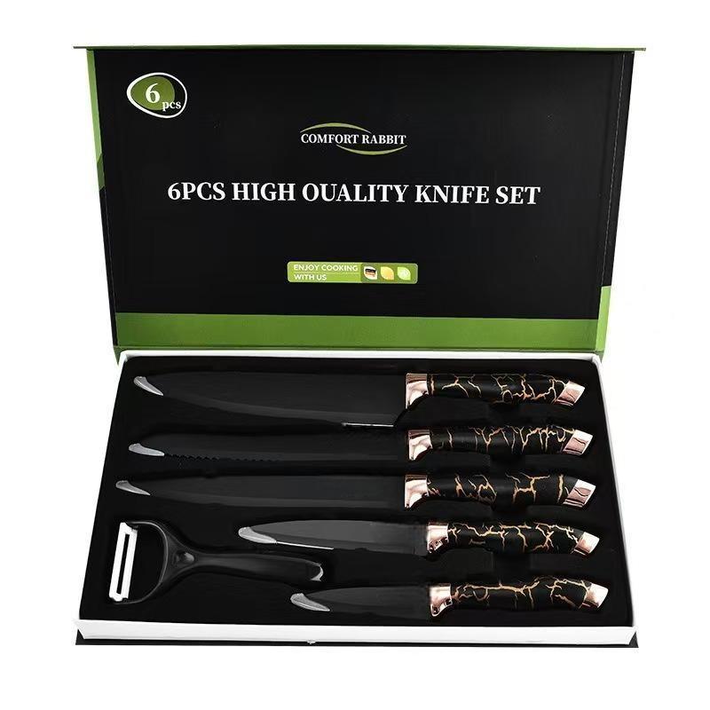 6 Piece Kitchen Knife Set – a chef power set with non-slip handles and steel blades. The set includes a chef knife, santoku knife,slicing knife,utility knife,and paring knife,designed for both durability and long-lasting sharpness.Block Colorful Stainless
