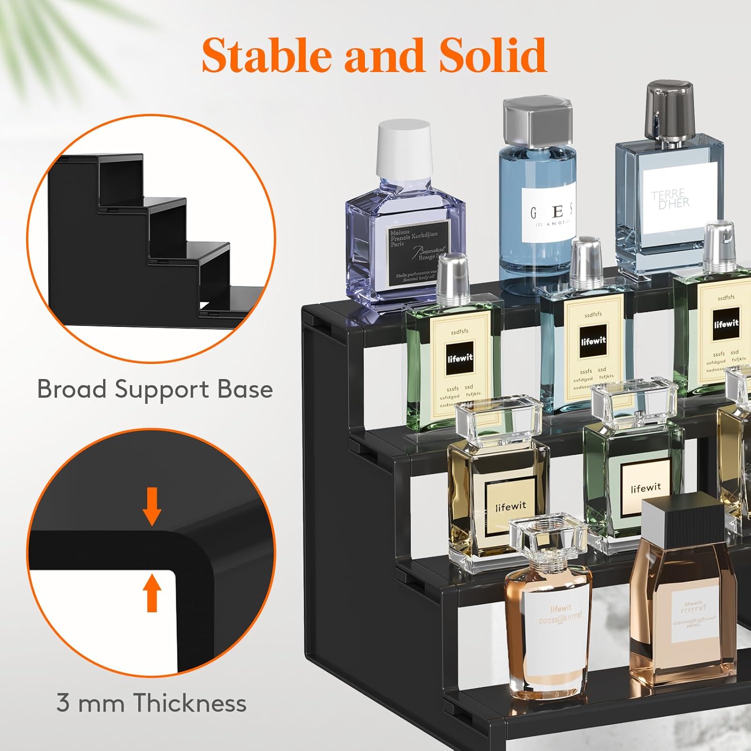 12 Inch Dark Cologne Perfume Rack, Step Style Organizer, Tool-Free Assembly, Display Shelf for Perfumes Skincare Decorations Desserts