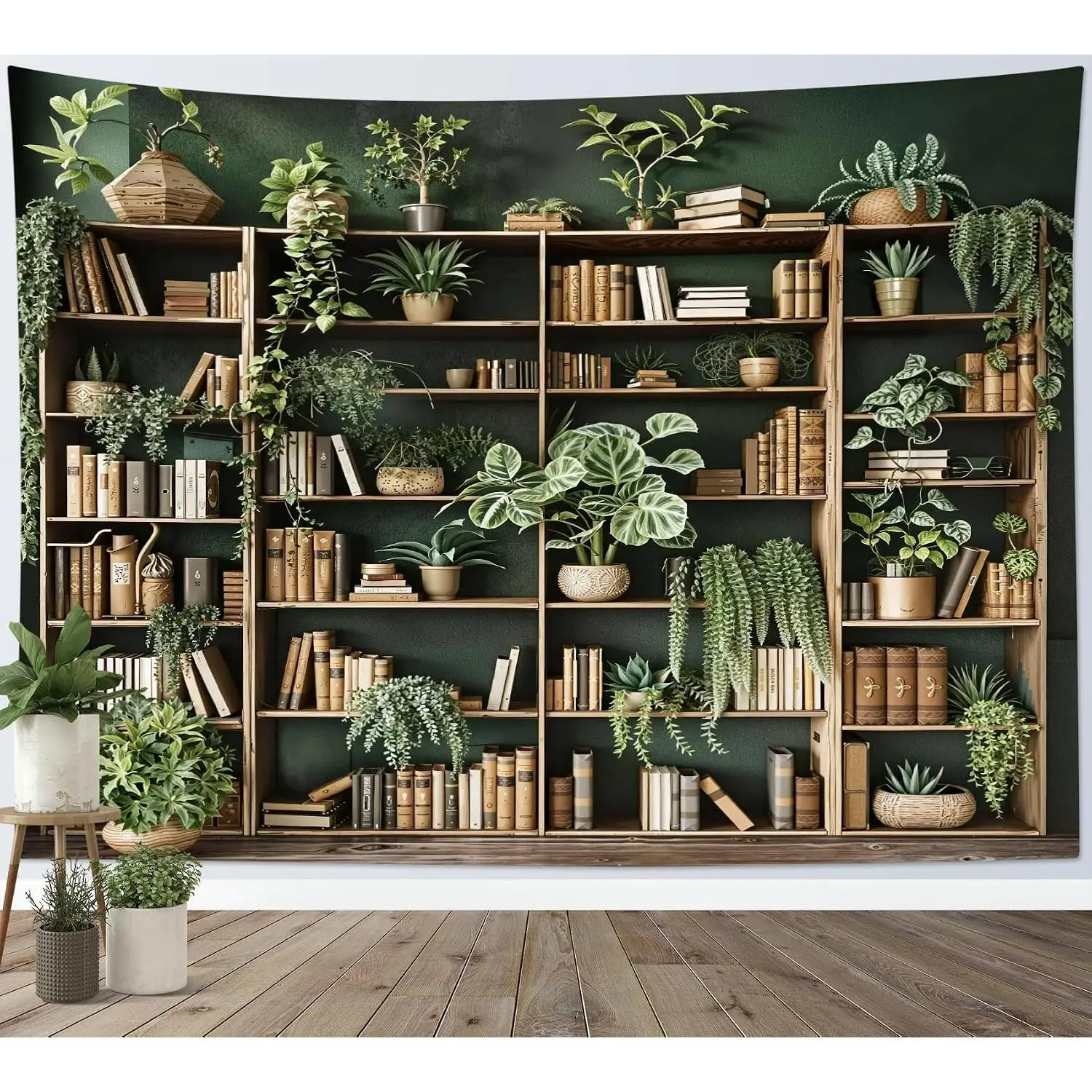 HVEST Green Plant Bookshelf Tapestry Book on Bookshelf and Plant Potted Tapestry Wall Hanging Reading Wall Decor for Study Room Bedroom Living Room College Dorm