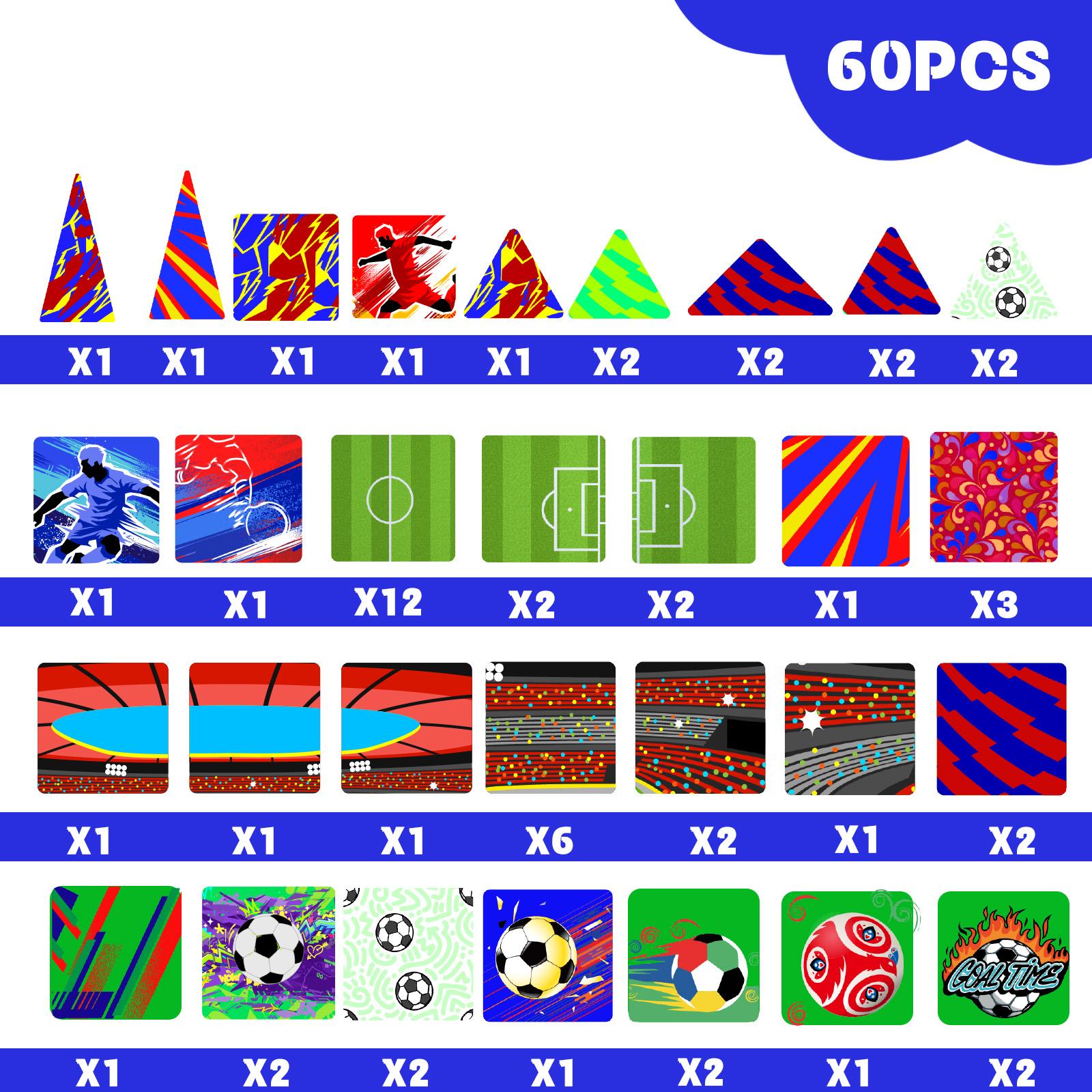Magnetic Tiles Set 52/60 Mini Pcs | Soccer Theme, Strong Grip, Impact/Crack Resistant, Light-Through | Field: Logic, Spatial, Hand-Eye, Teamwork | Eco ABS Rounded, Choking-Safe | Birthday Gift Ages 3-6 Boys Girls