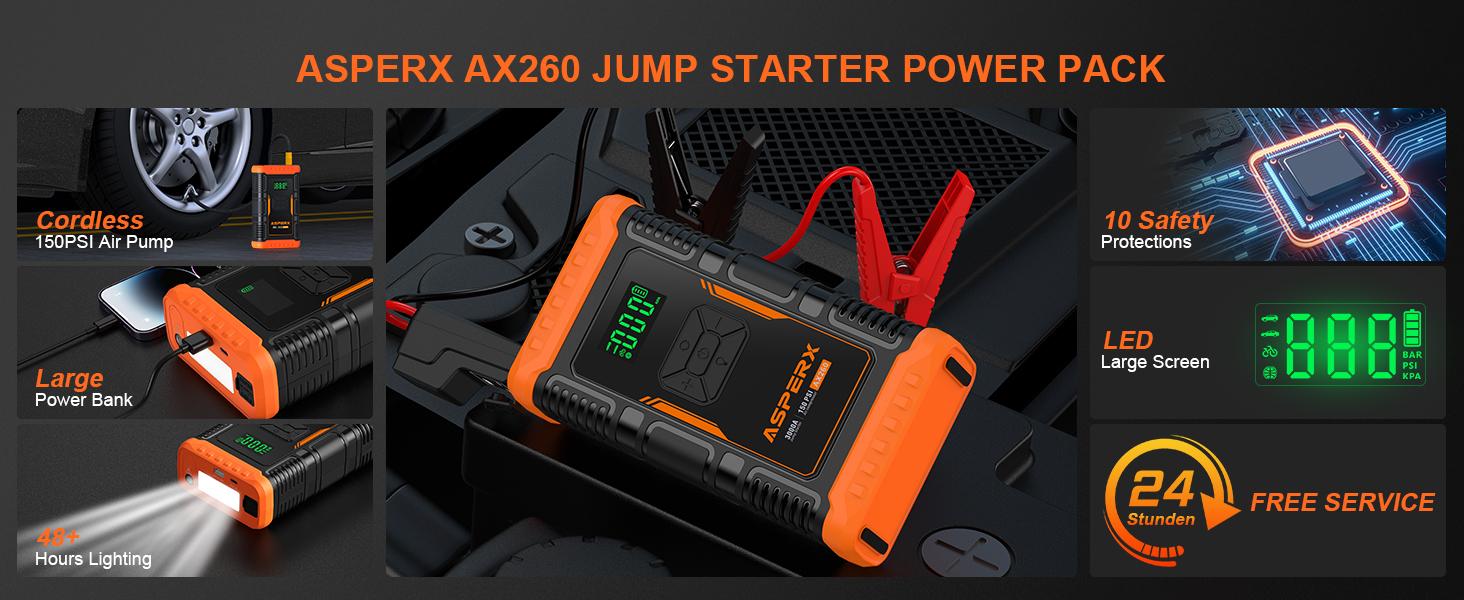AsperX AX260 Jump Starter with Air Compressor, 3000A/150PSI  Car Battery Jump Starter, 12V Jumper Box Portable with Tire Inflator for Truck, Vehicle