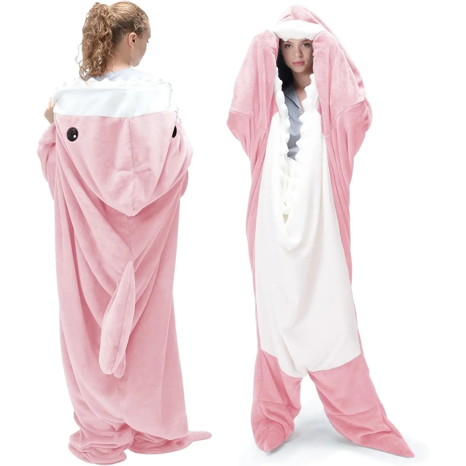 Shark Blanket Hoodie Onesie, Wearable Blankets Hoodie Adult, Warm Flannel Throw Blanket Tail Sleeping Bag, Cartoon Costume Shark Onesie Funny Gifts for Adults (Pink,M)