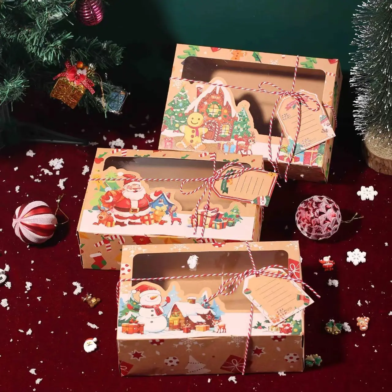 9 Pack Christmas Cookie Boxes with Window, Kraft Paper Bakery Gift Boxes for Holiday Treats, Cupcake Pastry Candy Packing Box with Tags and Twine (3 Designs, 8.7" x 5.9" x 2.8")