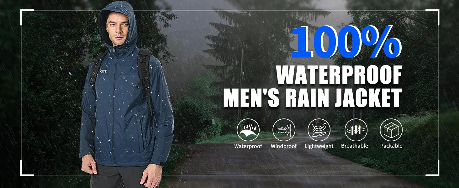 Pioneer Camp Men's Rain Jacket Waterproof with Hood Lightweight Packable Raincoat Rain Shell for Outdoor Hiking Travel