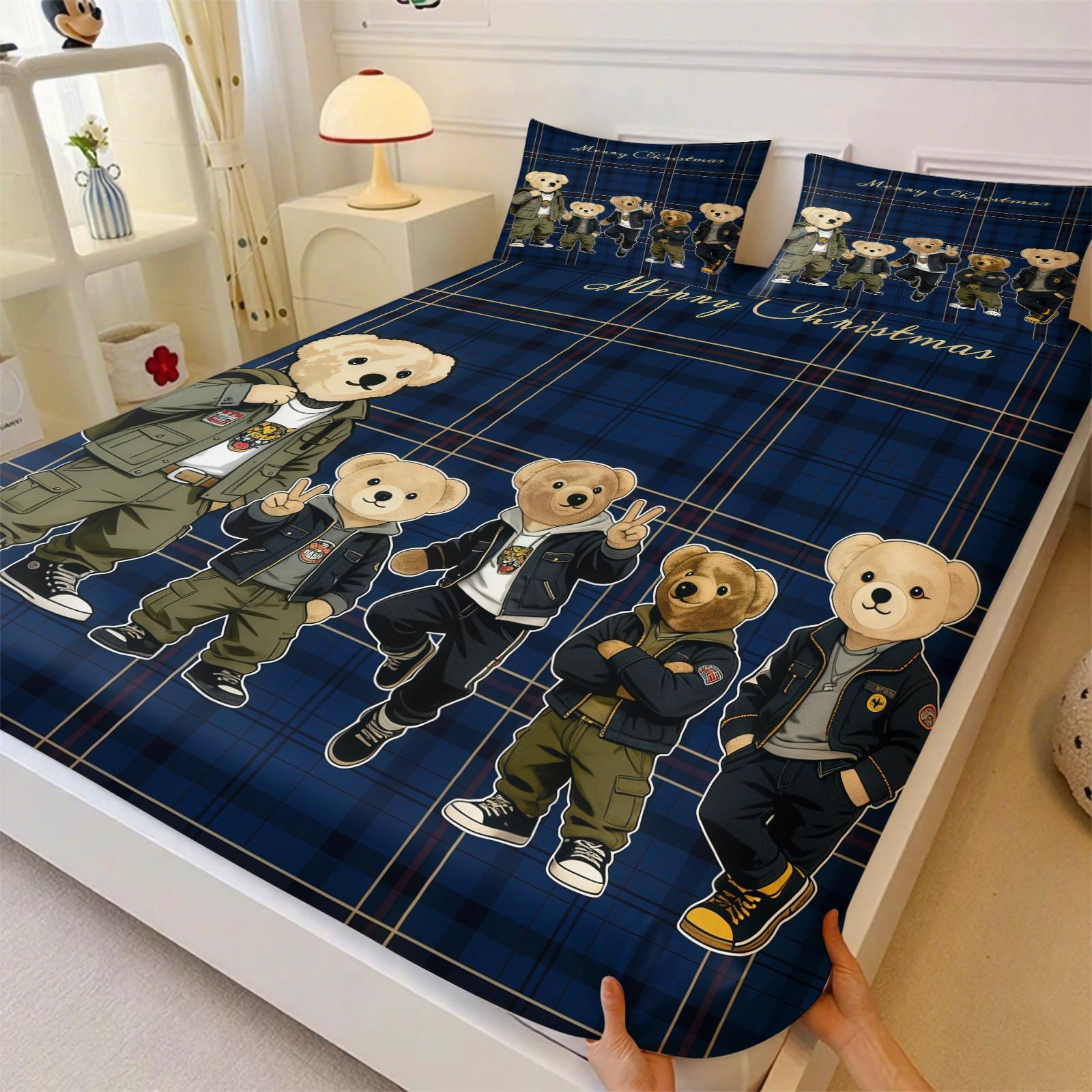 Teddy Bear Pattern Bed Sheet, Comfortable Printed Pattern, Includes 1 Bed Sheet and 2 Pillowcases, Comfortable Bedding, Non slip Dust Cover Suitable for Bedroom and Guest Room, Suitable as a Gift for Children or Adults