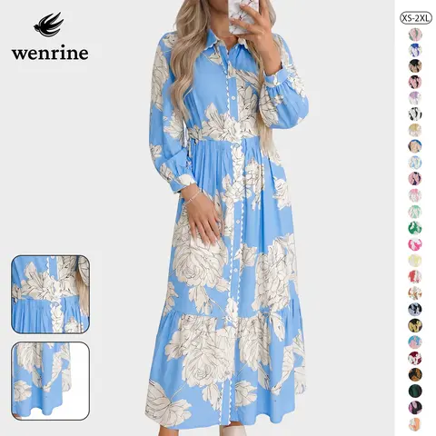 Wenrine Women's Stylish Woven Floral Print Maxi Dress - Clothes for Women, 3/4 Long Sleeves, Collared, Button Front, Tie Drawstring Waist, Soft Light Fabric, Cool Relaxed Fit, Fall Casual, Beach Wear, Long Dresses
