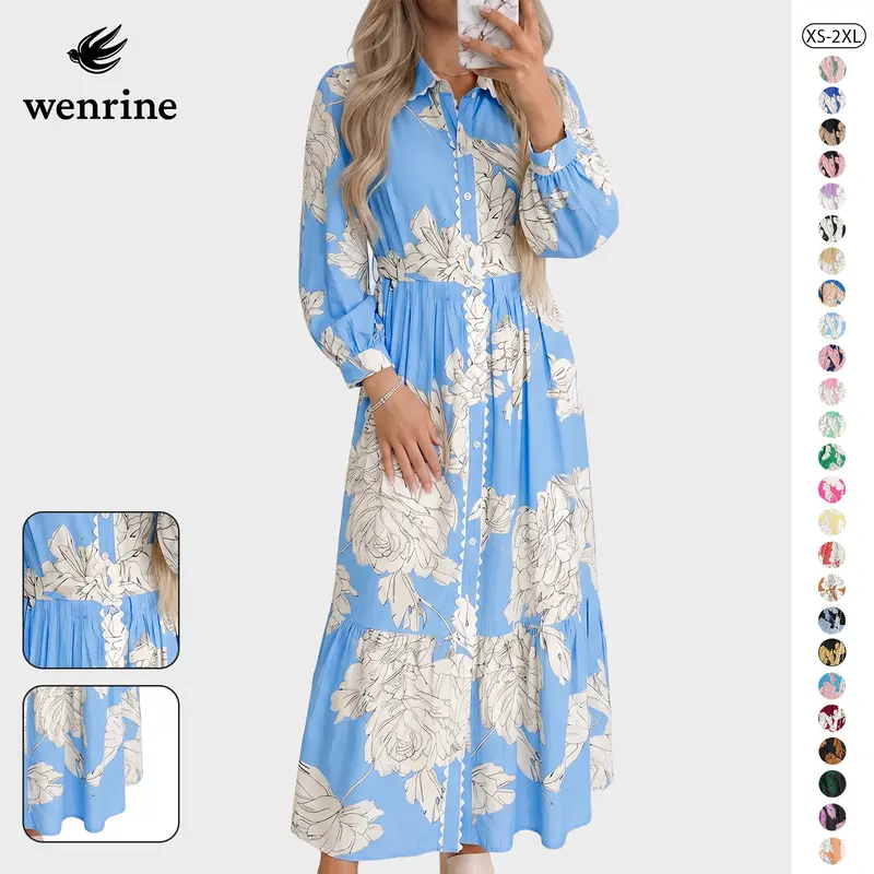 Wenrine Women's Stylish Woven Floral Print Maxi Dress - Clothes for Women, 3/4 Long Sleeves, Collared, Button Front, Tie Drawstring Waist, Soft Light Fabric, Cool Relaxed Fit, Fall Casual, Beach Wear, Long Dresses