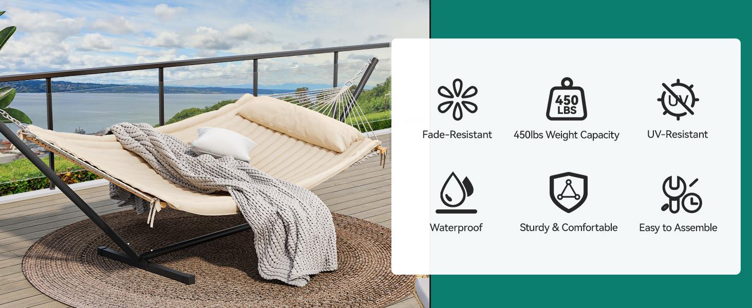 Yitahome Hammock with Stand Included Hammock Heavy Duty Hammocks with 12FT Steel Stand Waterproof Portable Hammock with Pillow 450lbs for Outdoors,Backyard,Patio-Beige