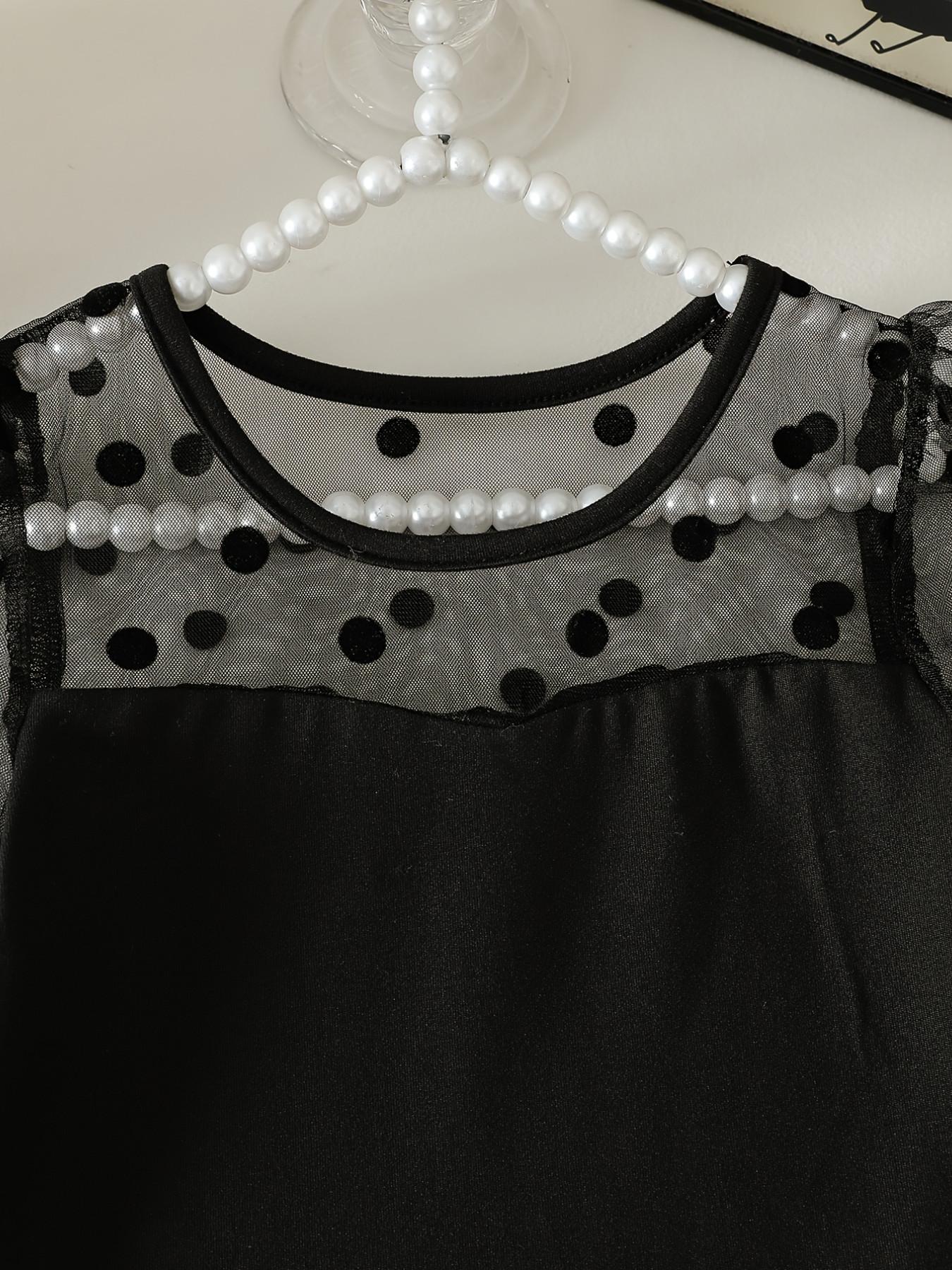 Girls' Spring Bodysuit, Retro Polka Dot Sweetheart Style, Long Sleeve Netting Bodysuit for Baby Girls, Polka Dot Netting Bubble Sleeves + Semi-Transparent Netting Round Neck, Perfect Birthday Gift for Baby Girls, Suitable for Daily Home Wear and Travel