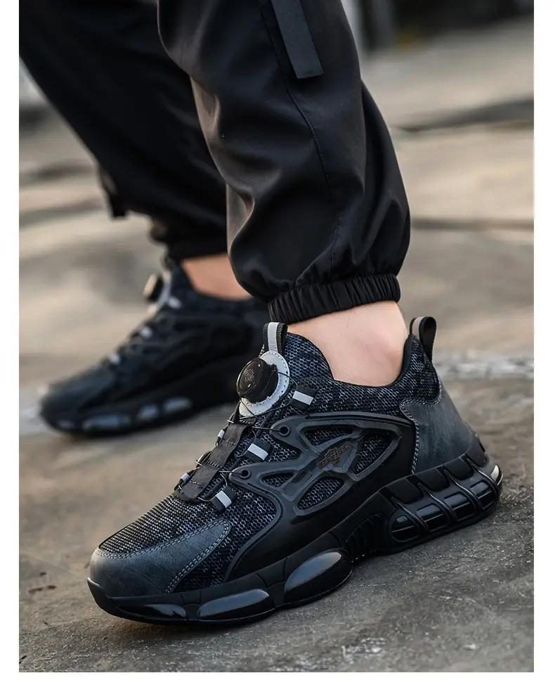 Men's Plus Size Safety Shoes with Rotating Buckle - Steel Toe, Puncture-Resistant, Breathable Mesh Upper, Anti-Smash & Anti-Stab Design, Comfortable Non-Slip Work Sneakers for Industrial & Outdoor Use