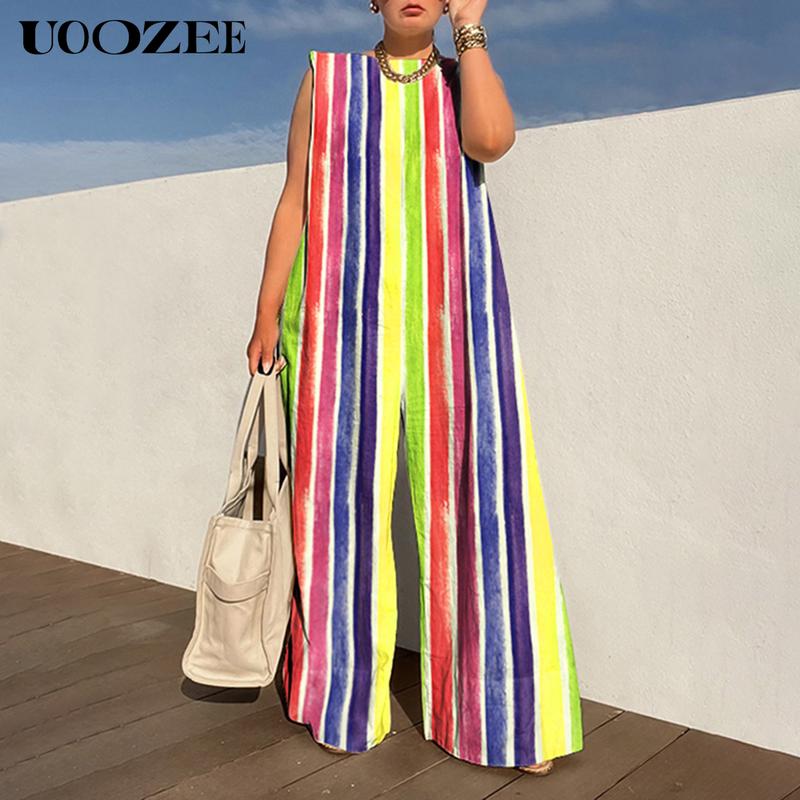 UOOZEE Women's Solid Color, Multicolor Sleeveless Wide Leg Jumpsuit with Pockets - Casual Loose Fit Overall Cotton Blend Minimalist Style Springtok Womenswear