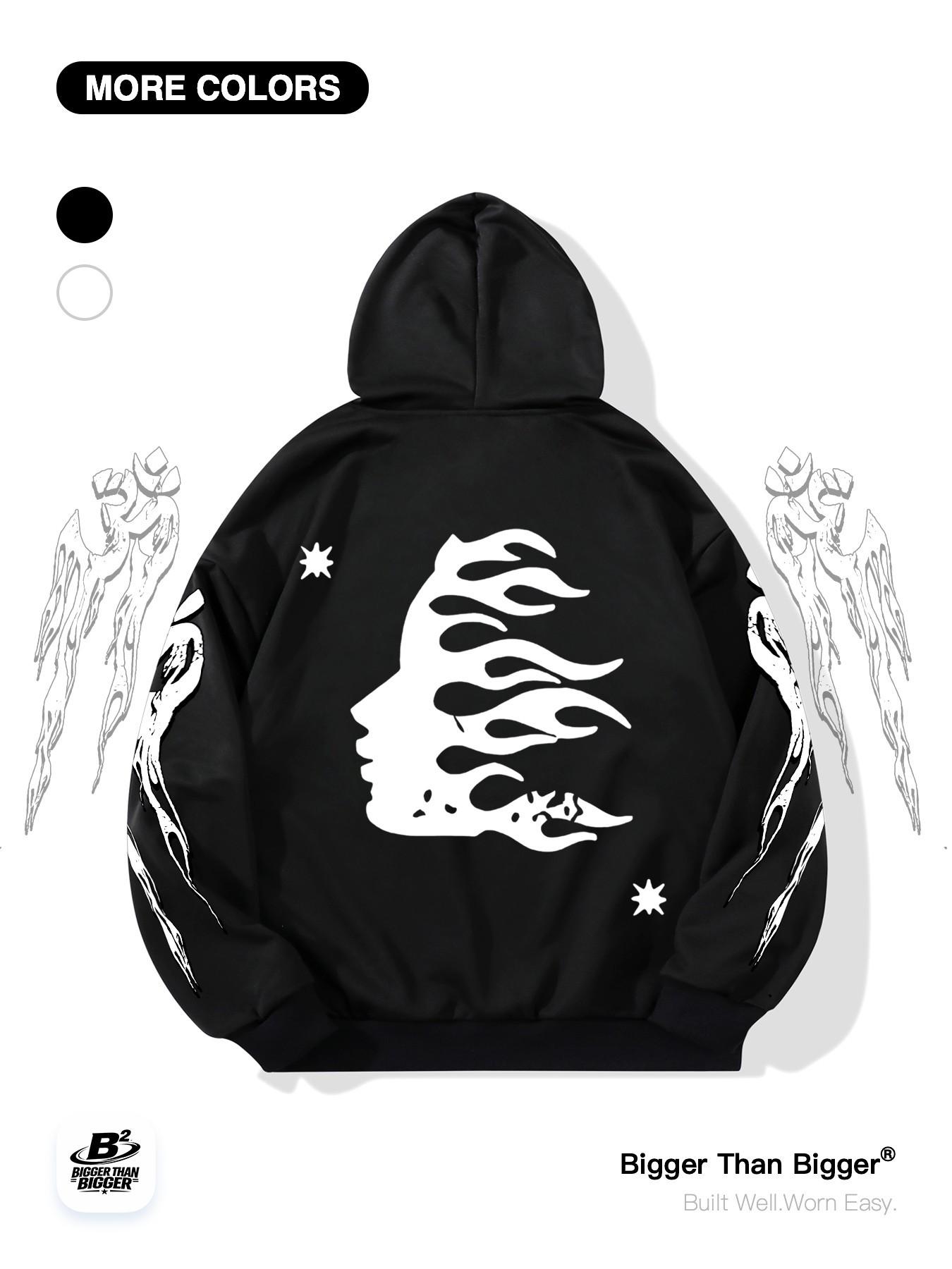 Hell Star Pattern Streetwear Loose Zip Hoodie, Unisex Casual Long Sleeve Sweatshirt, Sporty Warm Fit, Fall & Winter Fashion