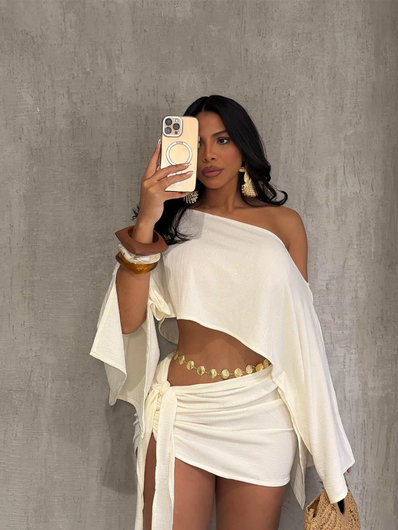Women's Elegant Sexy Beach Vacation Set, off Shoulder Short Crop Top & Bodycon Skirt, Fashionable Chic Aesthetic Summer Outfit, Sleeveless Knot Design