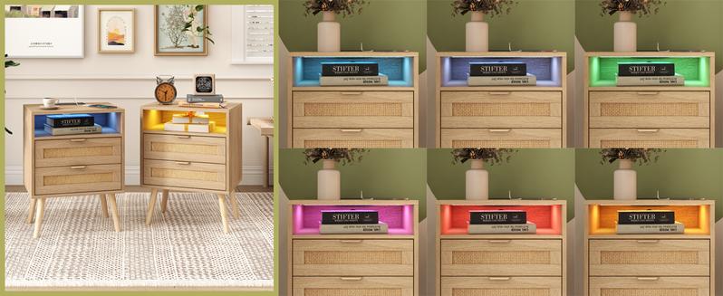 Vabches Rattan Nightstand Set of 2 with Charging Station USB Ports LED Lights 2 Storage Drawers Wood Bedside Table Wooden Tabletop for Bohemian Home