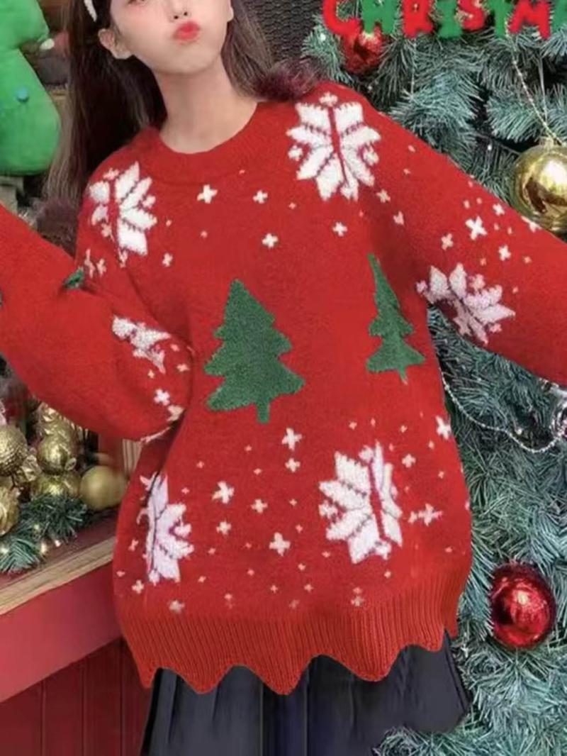 Women's Christmas Tree Print Scallop Trim Drop Shoulder Sweater Pullover, Casual Long Sleeve Round Neck Jumper for Fall & Winter, Ladies' Knitwear for Daily Wear
